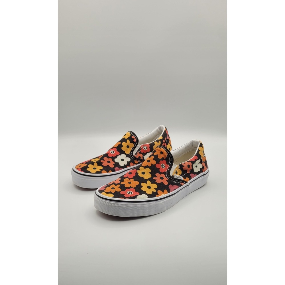 Vans Womens Slip-On Sneakers 7.5 Black Retro Floral Daisy Print Canvas Casual